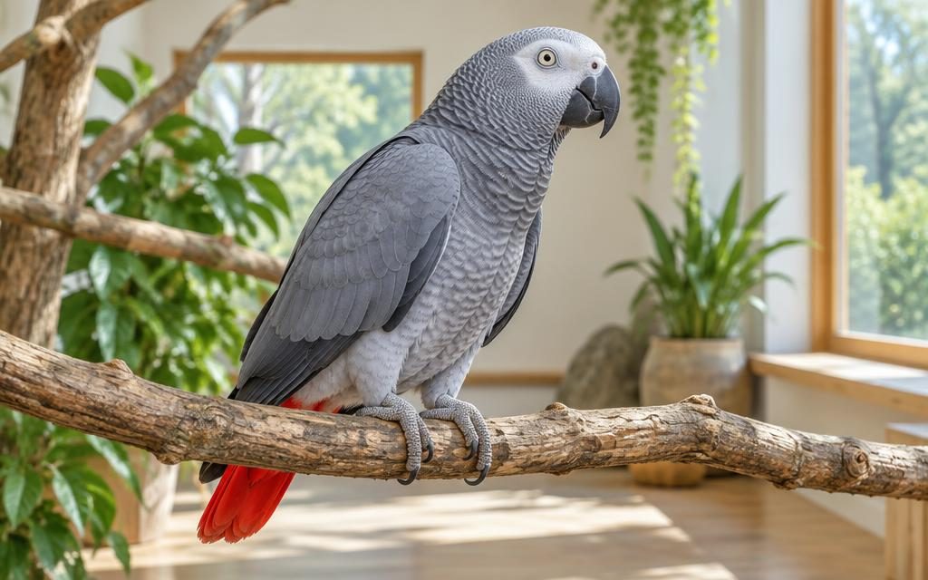 تصویرسازی کاسکوی خاکستری با دم قرمز روی نشیمن طبیعی