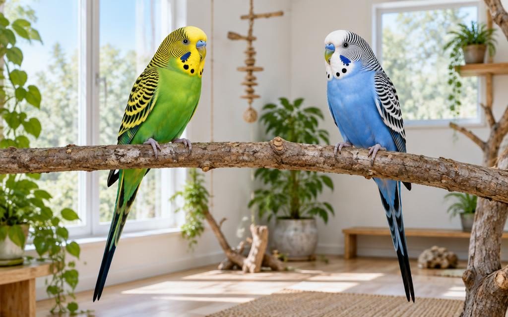 تصویرسازی دو مرغ عشق سبز و آبی روی شاخهٔ طبیعی
